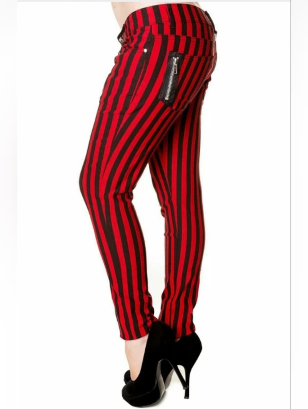 Banned Pants, Size 26, Red & Black Stripes, Stretch, Zipper Accents